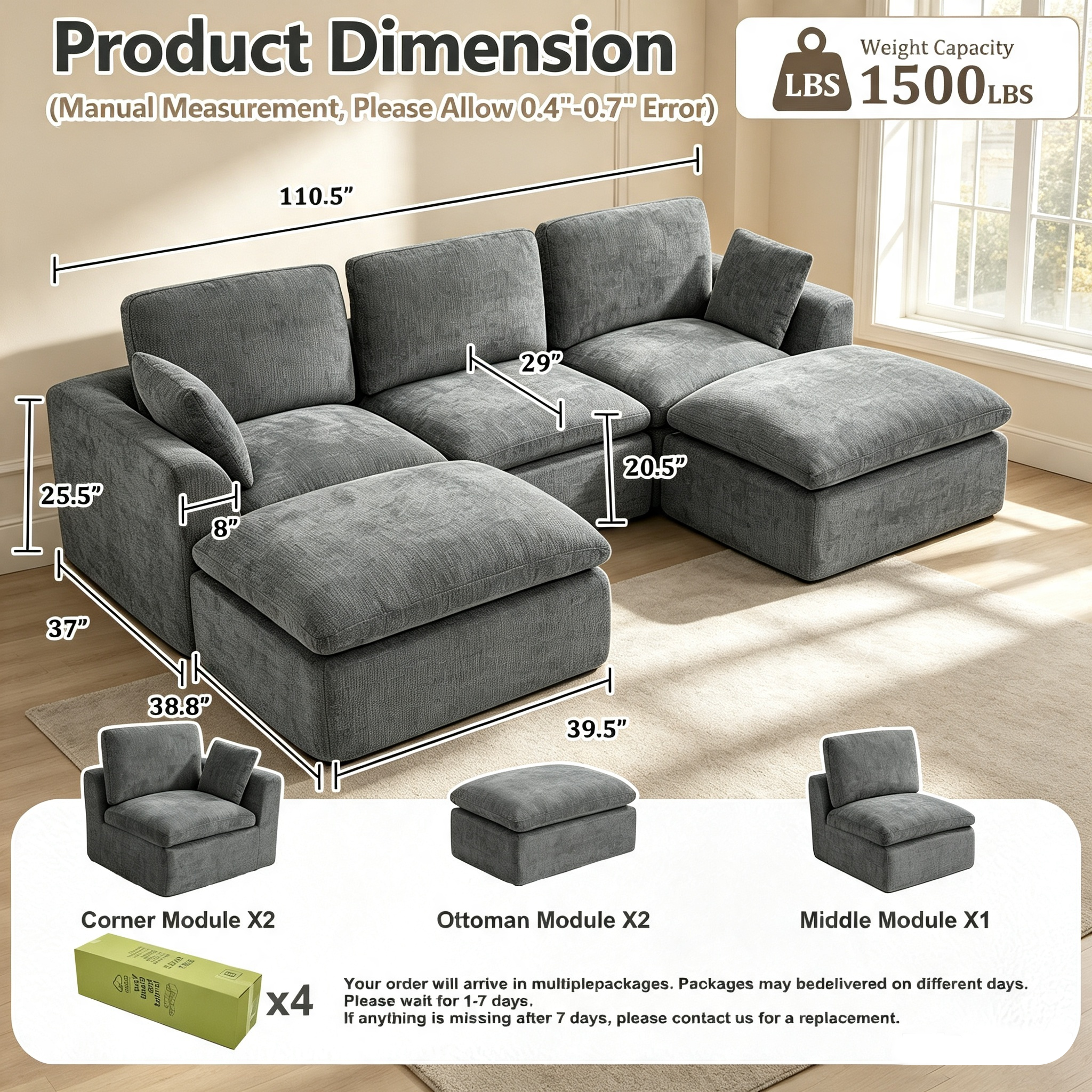 110.5" 3-Seater Cloud Sofa with 2 Movable Ottomans, Deep Seat Modular Sectional sofa with Memory Foam, Soft Chenille Fabric for Living Room, Dark Gray