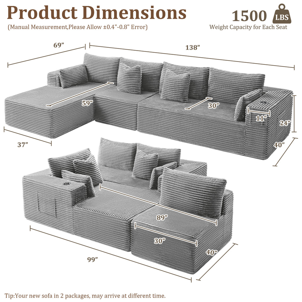 138" L-Shape Modular Cloud Sectional Boneless Sofa with Chaise, Extra-Wide Deep Seat Plush Corduroy Couch for Living Rooms & Apartments (Light Grey)