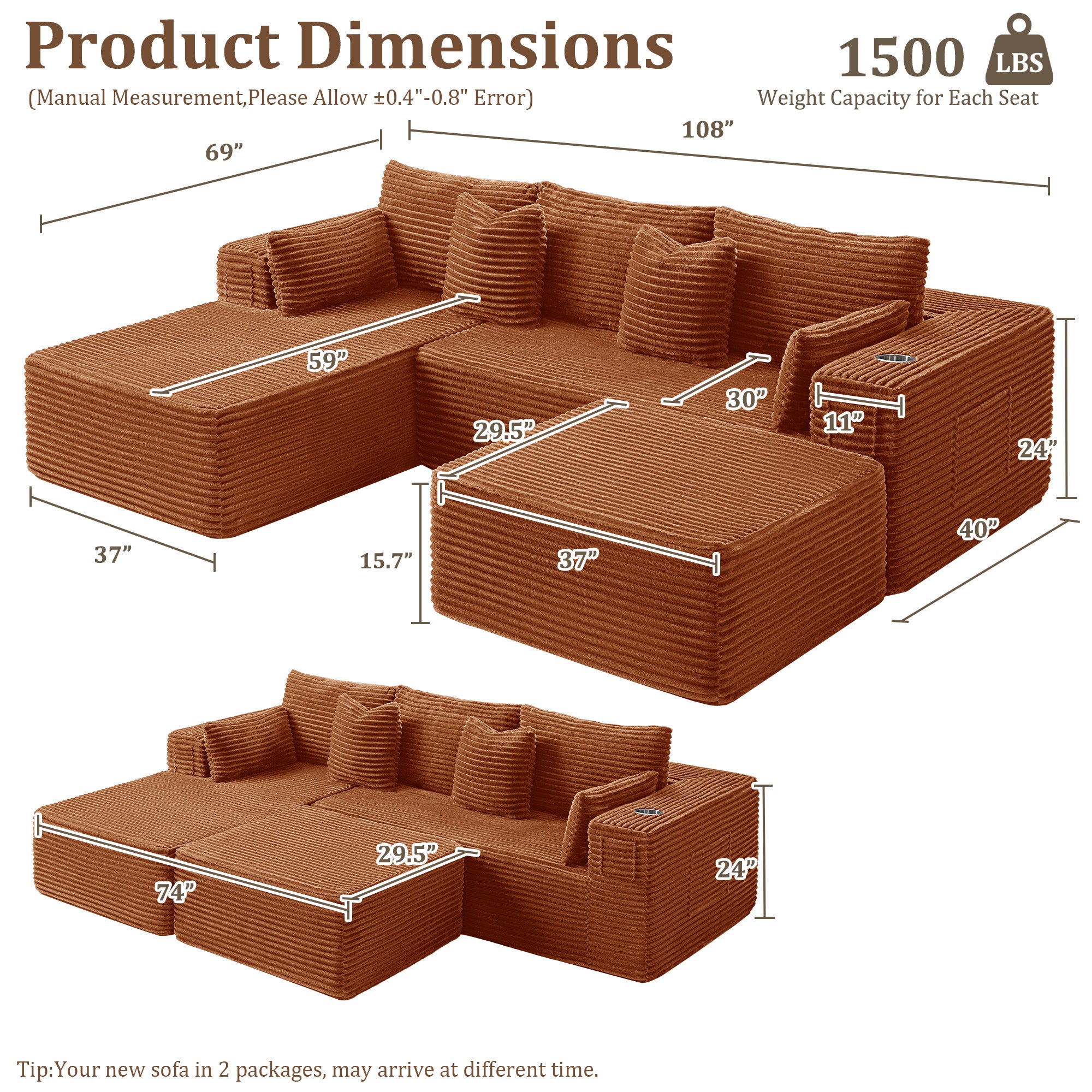 108" U-Shape Modular Cloud Sectional Boneless Sofa with Chaise & Ottoman, Extra-Wide Deep Seat Plush Corduroy Couch for Living Rooms & Apartments (Orange)