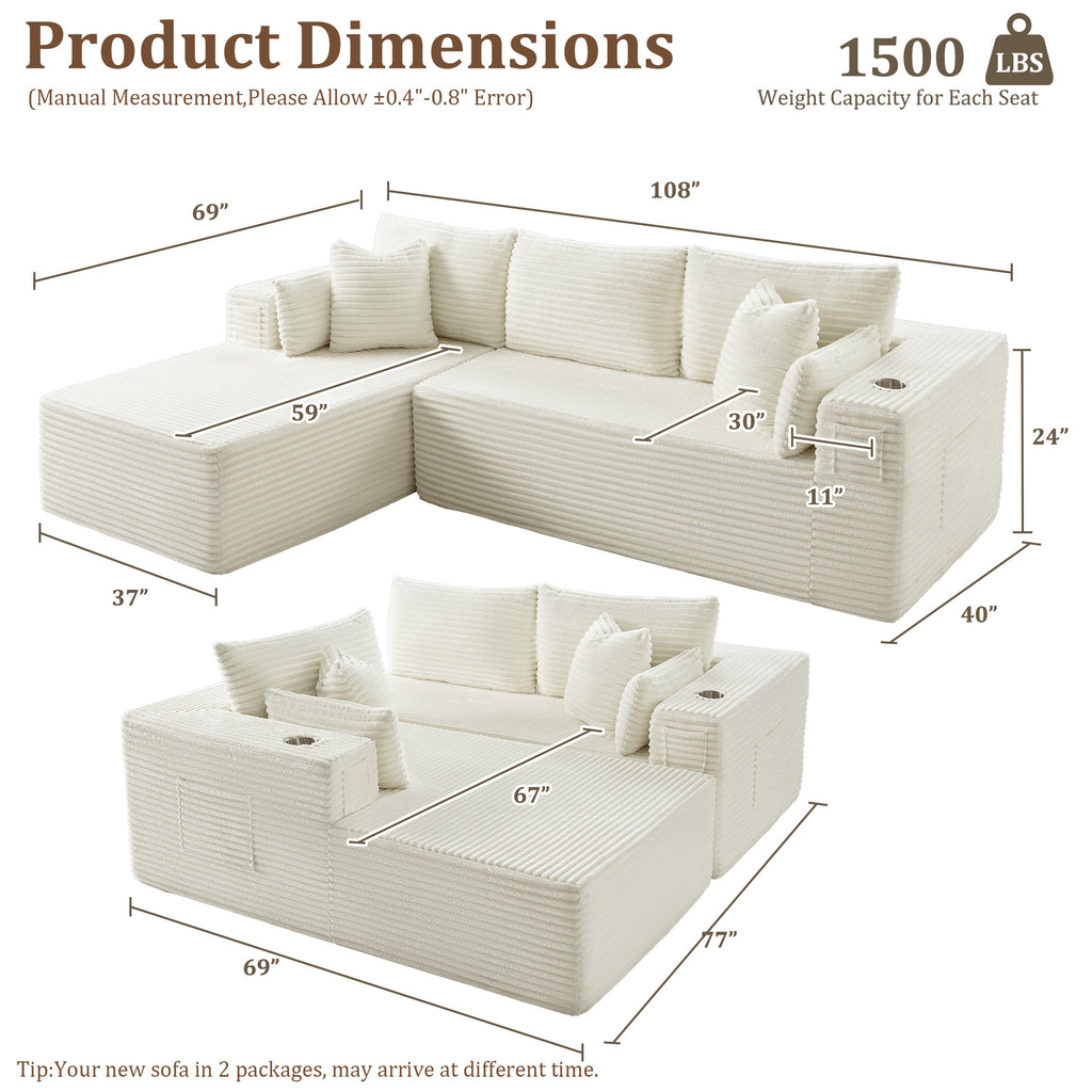 108" L-Shape Modular Cloud Sectional Boneless Sofa with Chaise, Extra-Wide Deep Seat Plush Corduroy Couch for Living Rooms & Apartments (Beige)