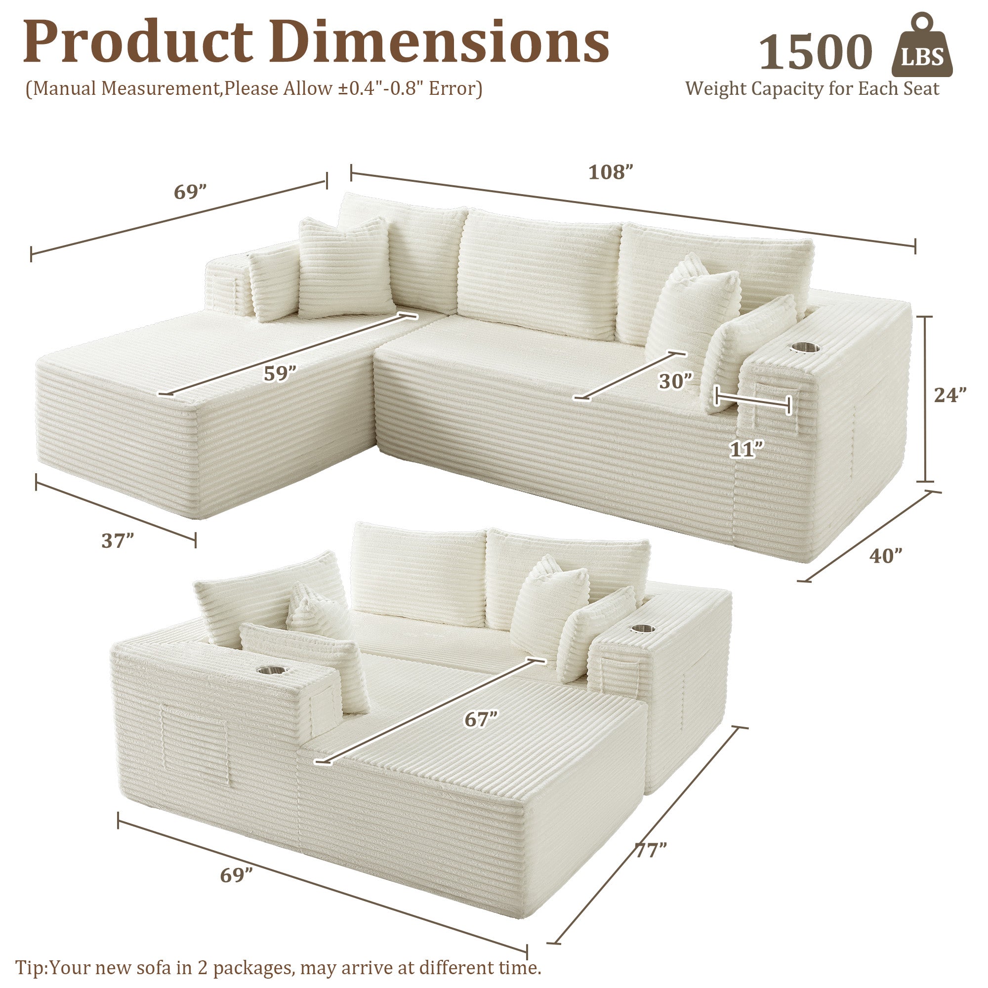 108" L-Shape Modular Cloud Sectional Boneless Sofa with Chaise, Extra-Wide Deep Seat Plush Corduroy Couch for Living Rooms & Apartments (Beige)
