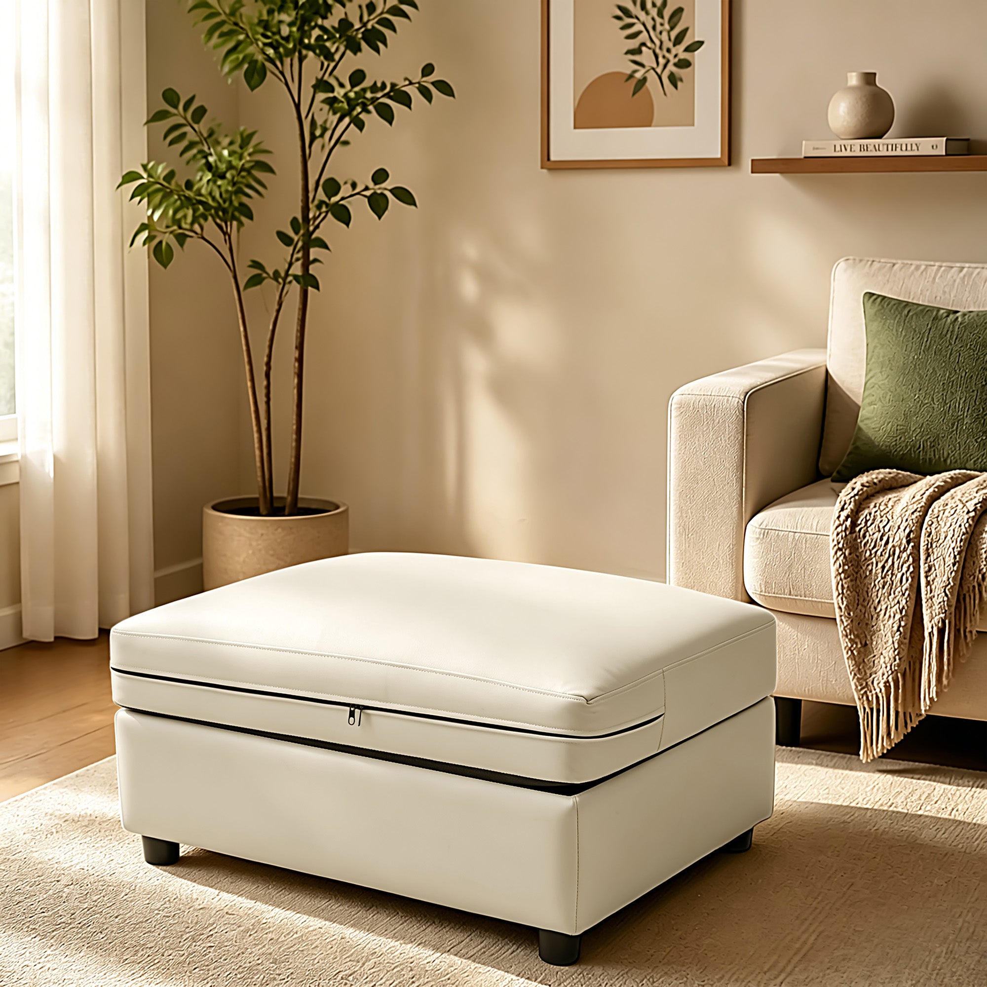 Modular Sofa Ottoman with Storage, Removable Faux Leather Cover Footrest Stool, Upholstered Storage Ottoman for Living Room Sectional Couch,Beige