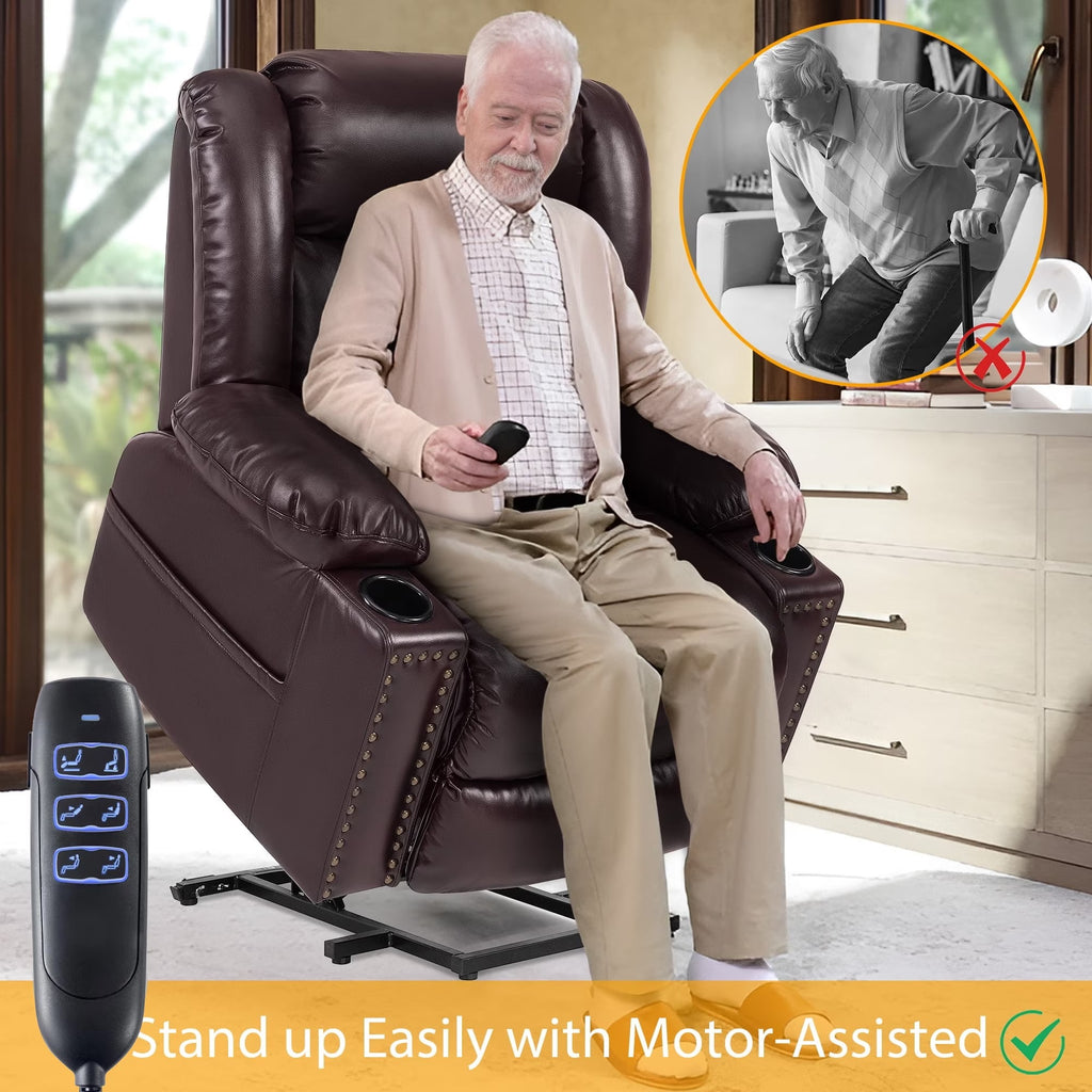 Triple Motor Large Power Lift Recliner Chair for Elderly with Heat and Massage, Lay Flat Lift Chairs for Seniors Infinite Position, Extended Footrest, USB Ports, Cup Holder, Faux Leather