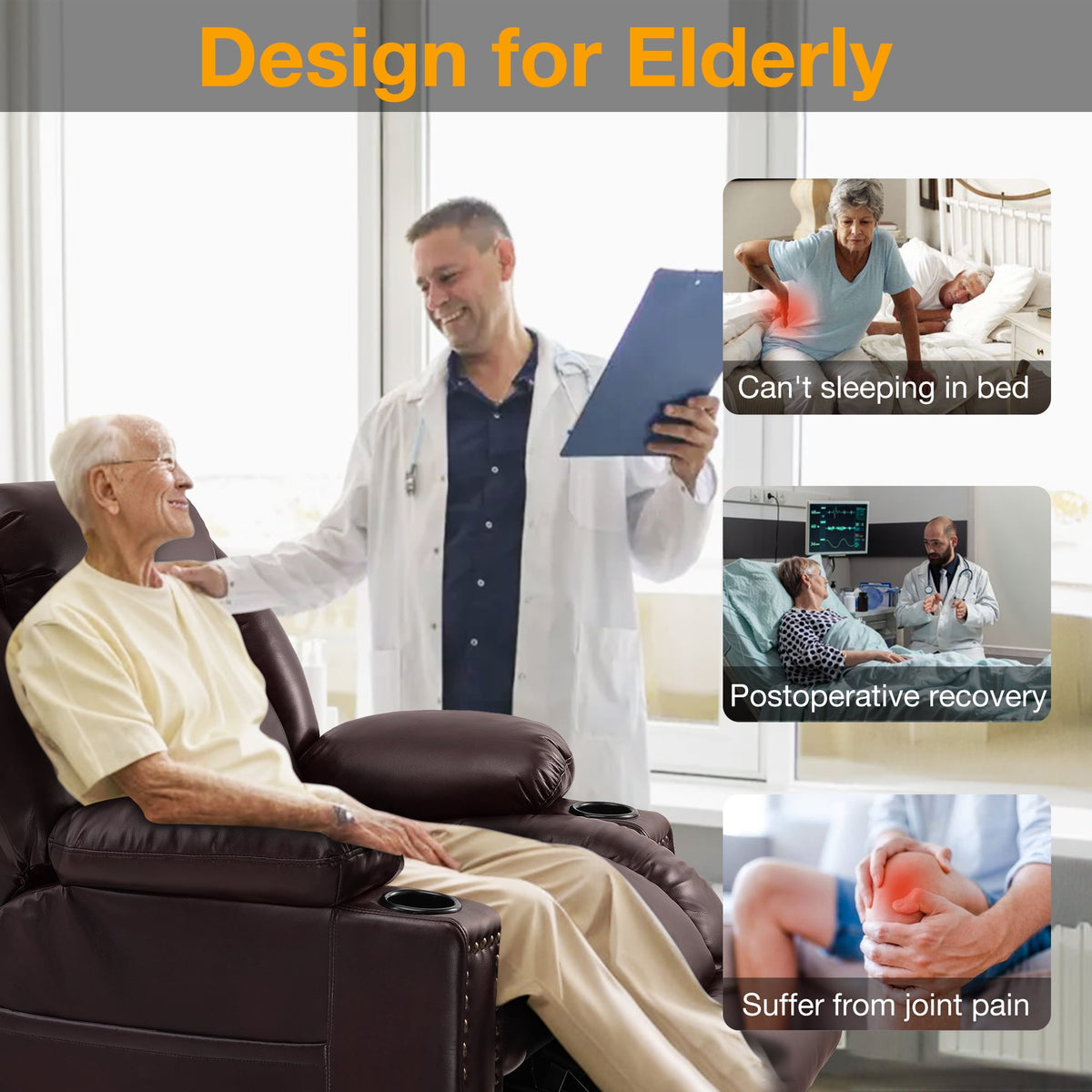 Triple Motor Large Power Lift Recliner Chair for Elderly with Heat and Massage, Lay Flat Lift Chairs for Seniors Infinite Position, Extended Footrest, USB Ports, Cup Holder, Faux Leather