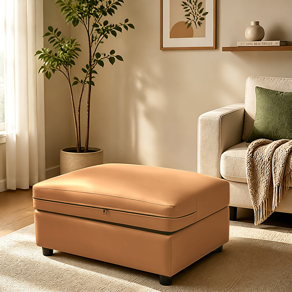 Modular Sofa Ottoman with Storage, Removable Faux Leather Cover Footrest Stool, Upholstered Storage Ottoman for Living Room Sectional Couch,Brown