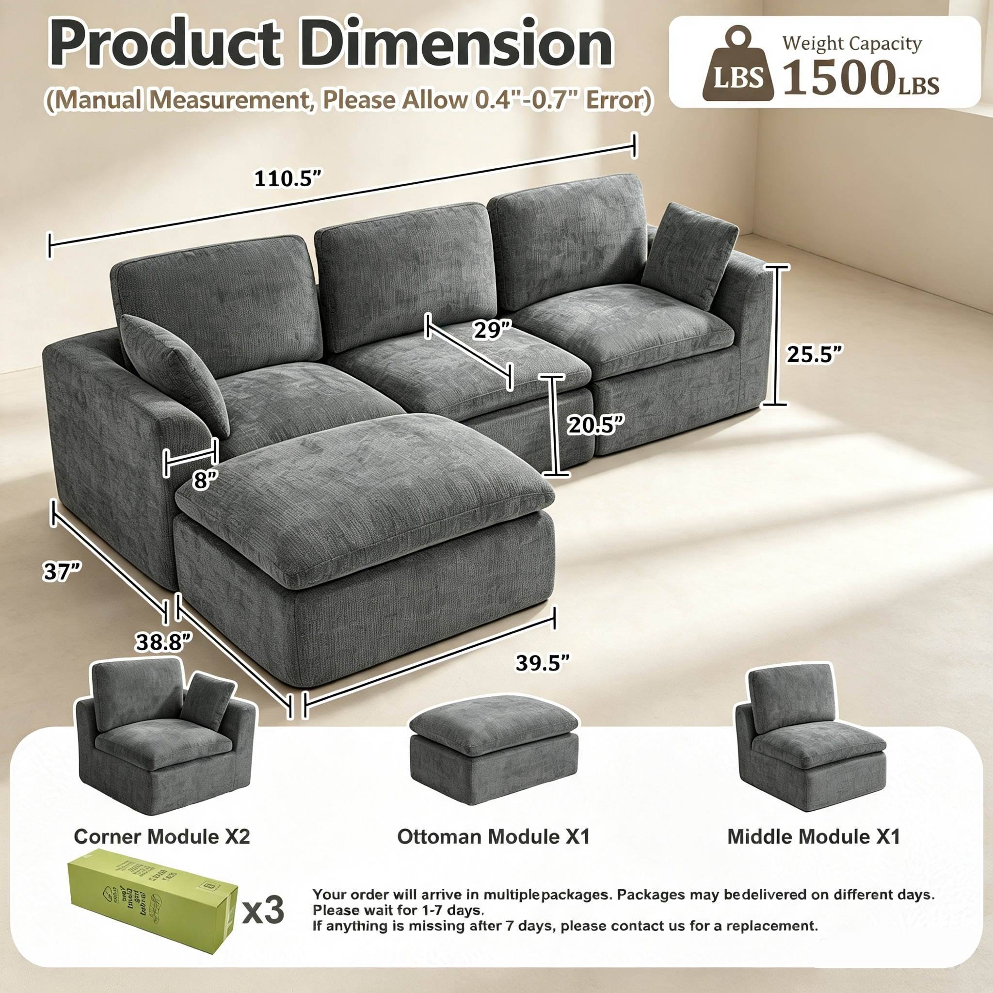 110.5" 3-Seater L-Shaped Cloud Sofa with Ottoman, Deep Seat Modular Sectional Couch with Memory Foam, Soft Chenille Fabric, Plush Comfy Sofa for Living Room, Dark Gray