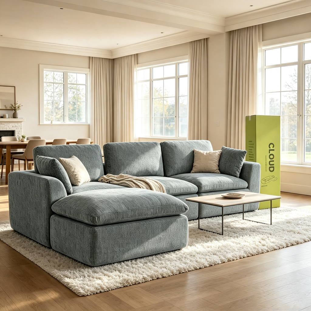 110.5" 3-Seater L-Shaped Cloud Sofa with Ottoman, Deep Seat Modular Sectional Couch with Memory Foam, Soft Chenille Fabric, Plush Comfy Sofa for Living Room, Dark Gray