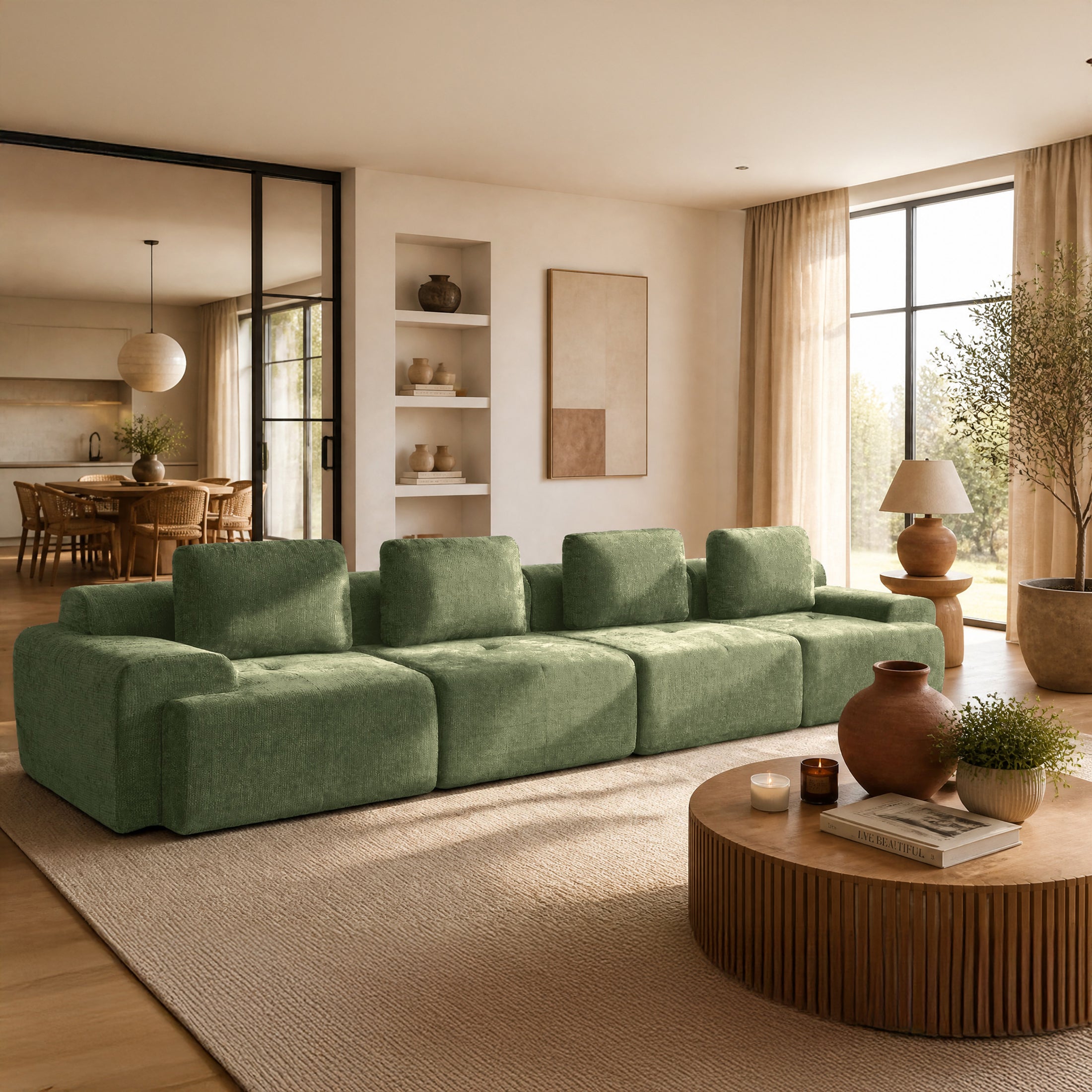 159" L-Shaped Oversized Cloud Couch, Modular Sectional Sofa with High Back & Extra Deep Seat, No Assembly Required, Plush Chenille, Green