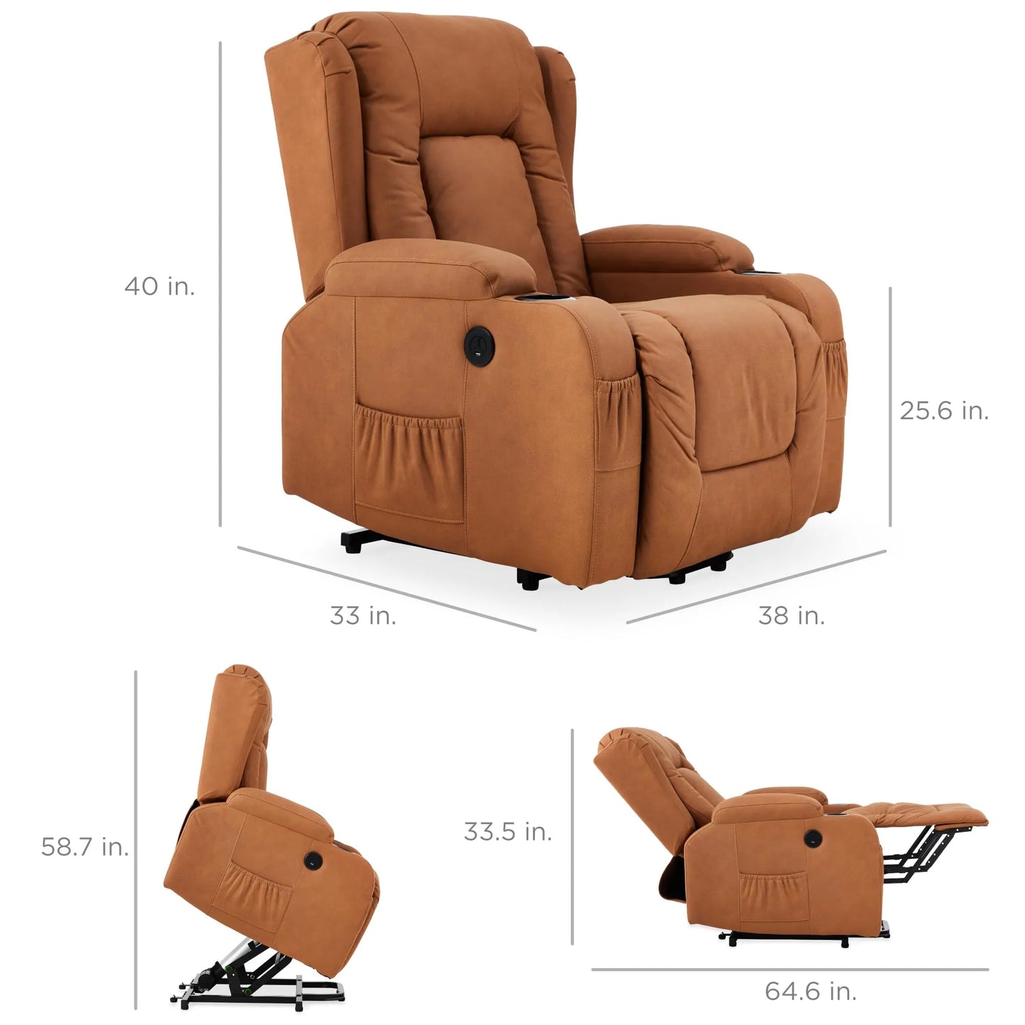 PU Leather Electric Power Lift Chair, Recliner Massage Chair,Cognac