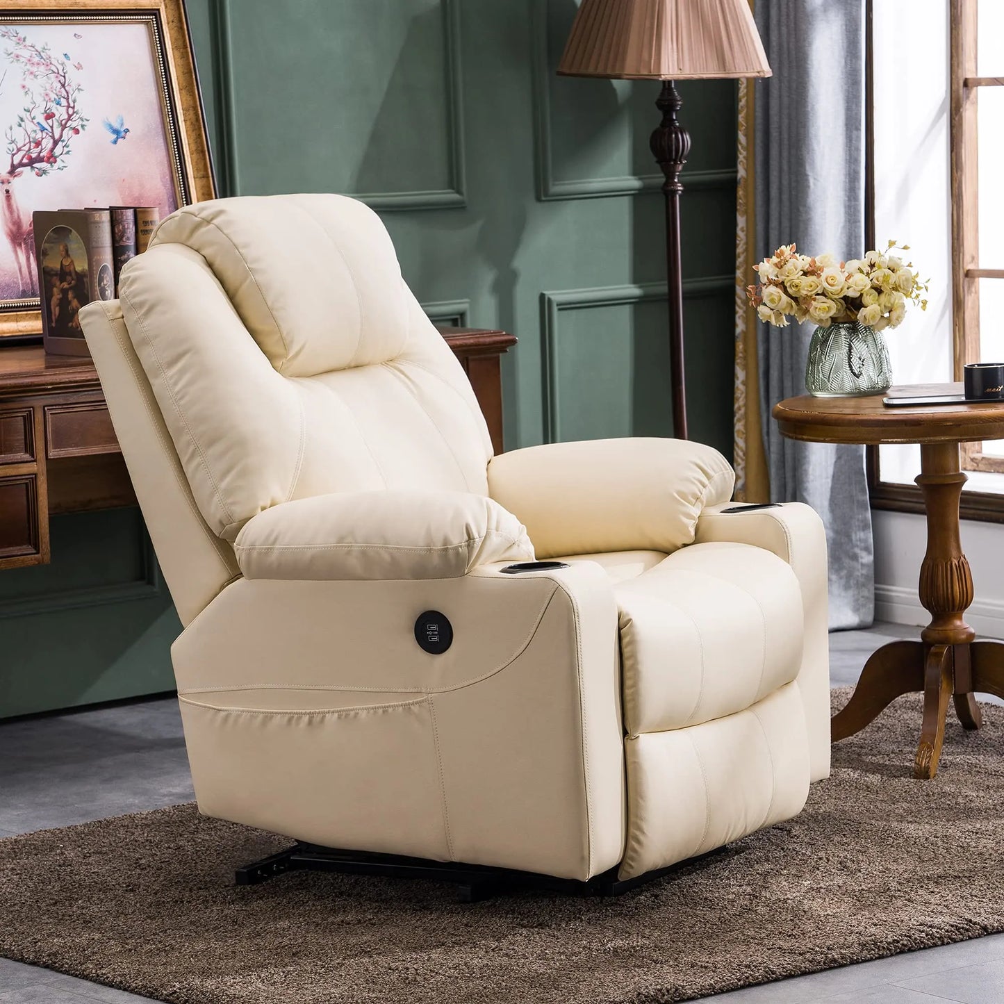 Electric Power Lift Recliner Chair Sofa with Massage and Heat for Elderly，Cream White