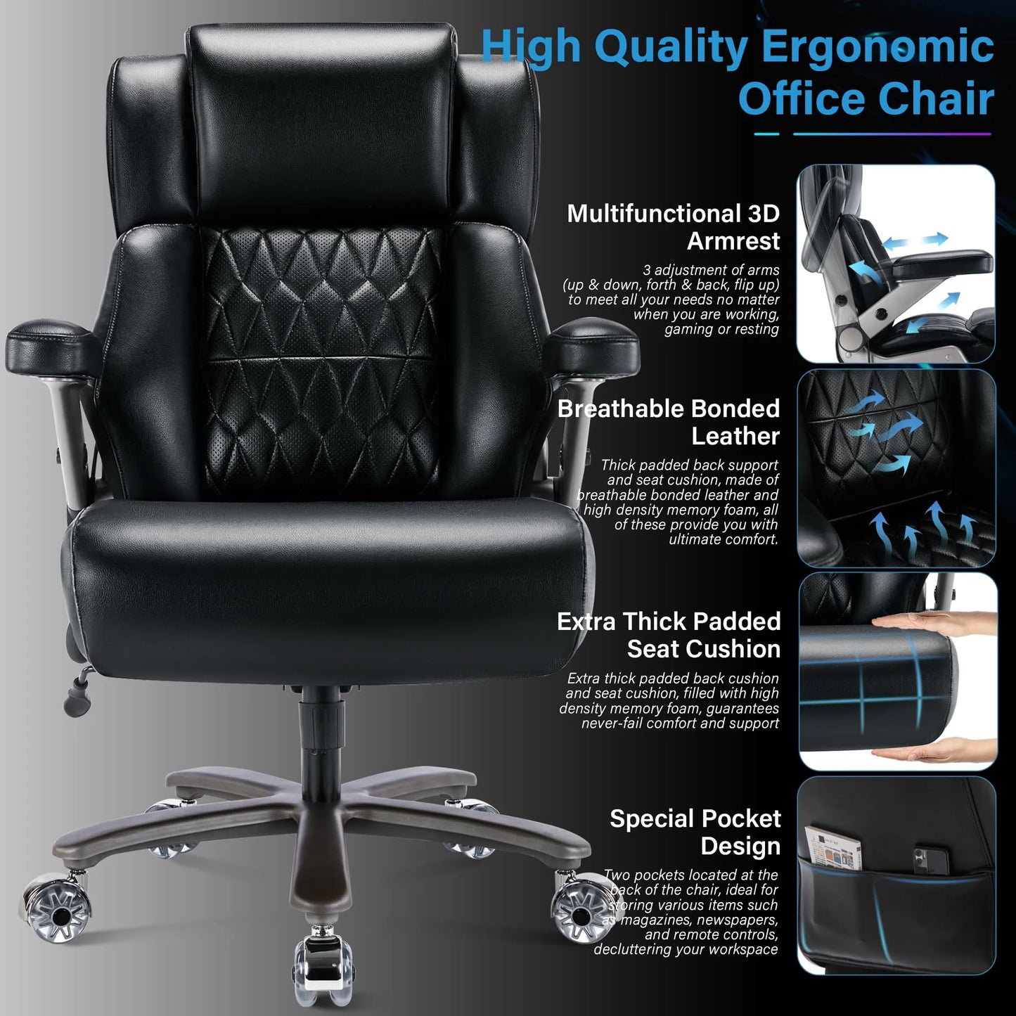 Big and Tall 500lbs Office Chair - Adjustable Lumbar Support, Black