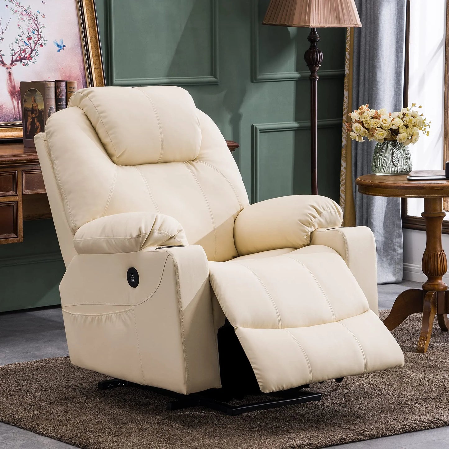 Electric Power Lift Recliner Chair Sofa with Massage and Heat for Elderly，Cream White