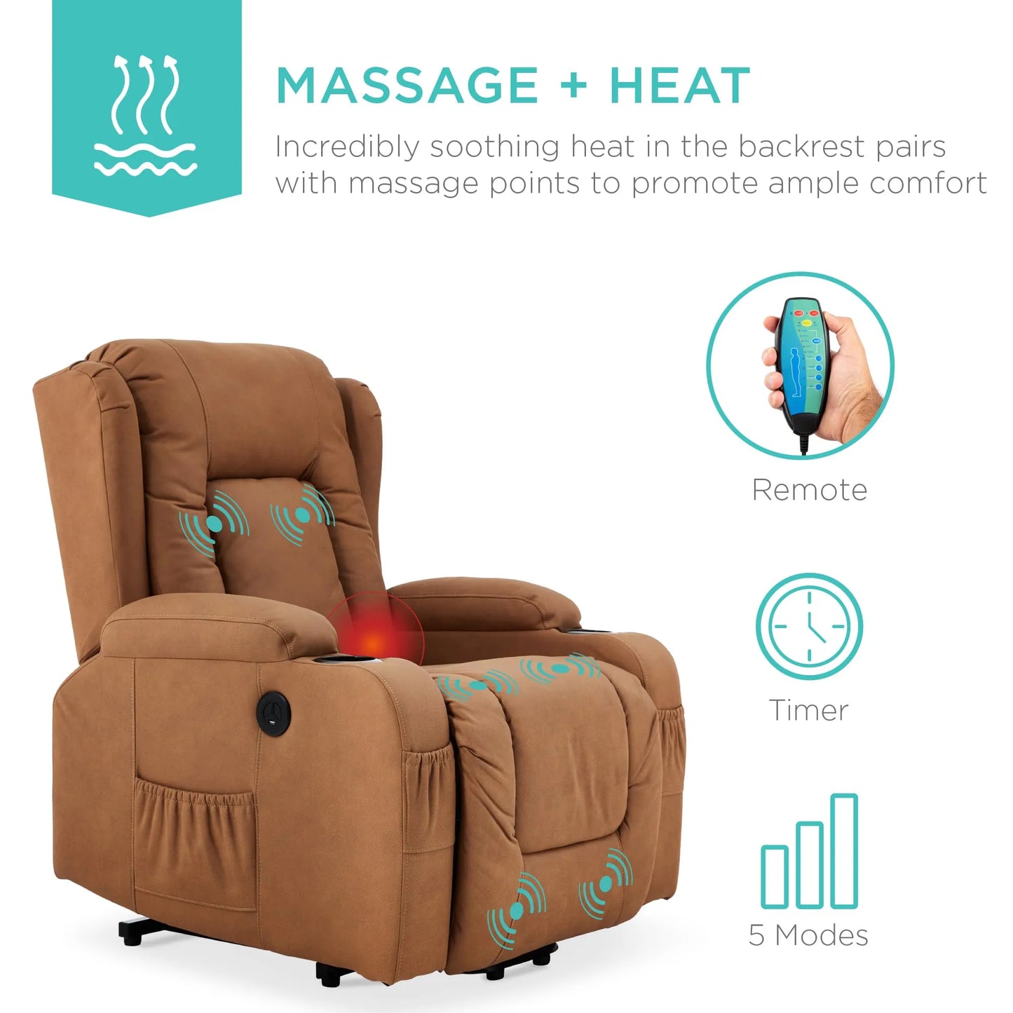 PU Leather Electric Power Lift Chair, Recliner Massage Chair,Cognac