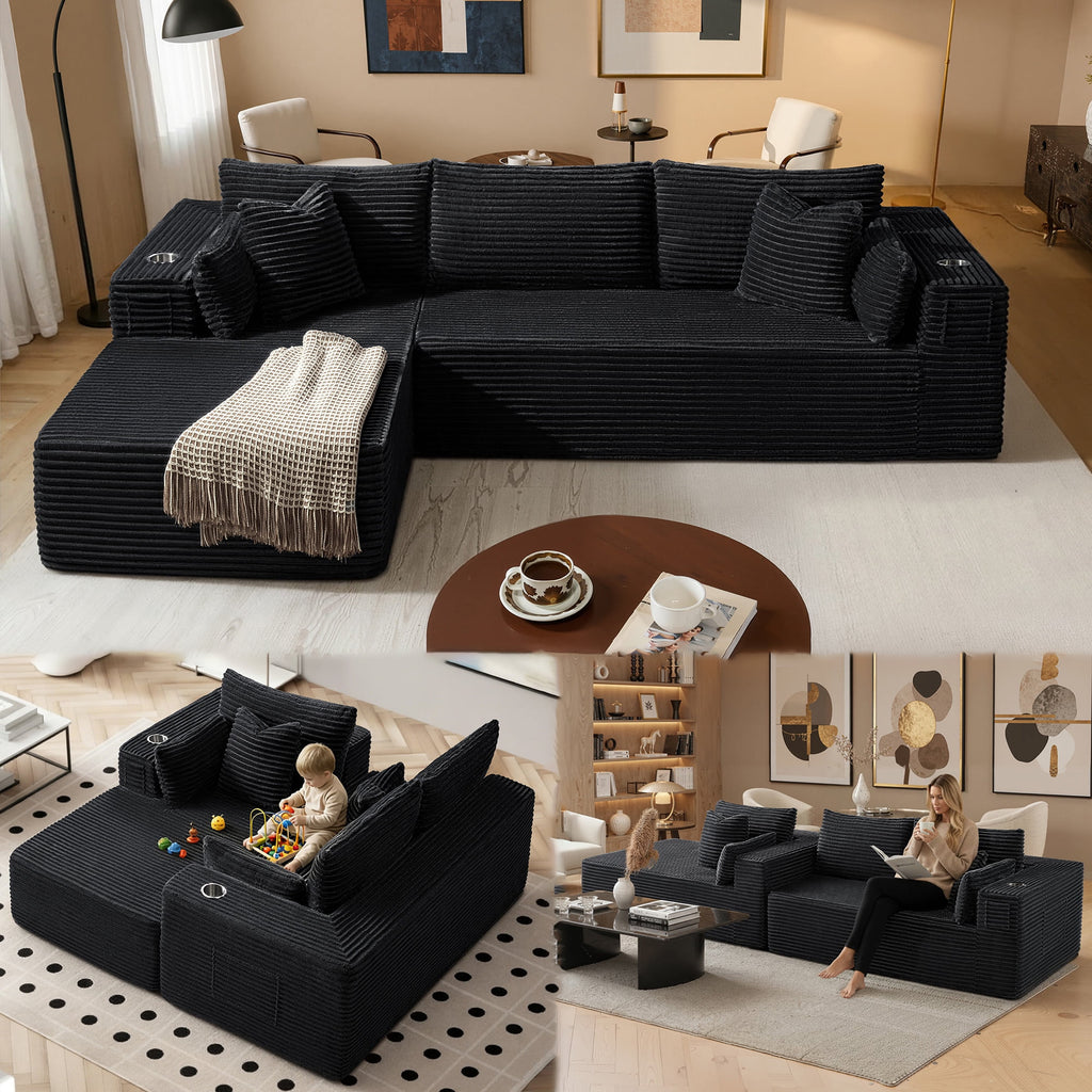 108" L-Shape Modular Cloud Sectional Boneless Sofa with Chaise, Extra-Wide Deep Seat Plush Corduroy Couch for Living Rooms & Apartments (Black)