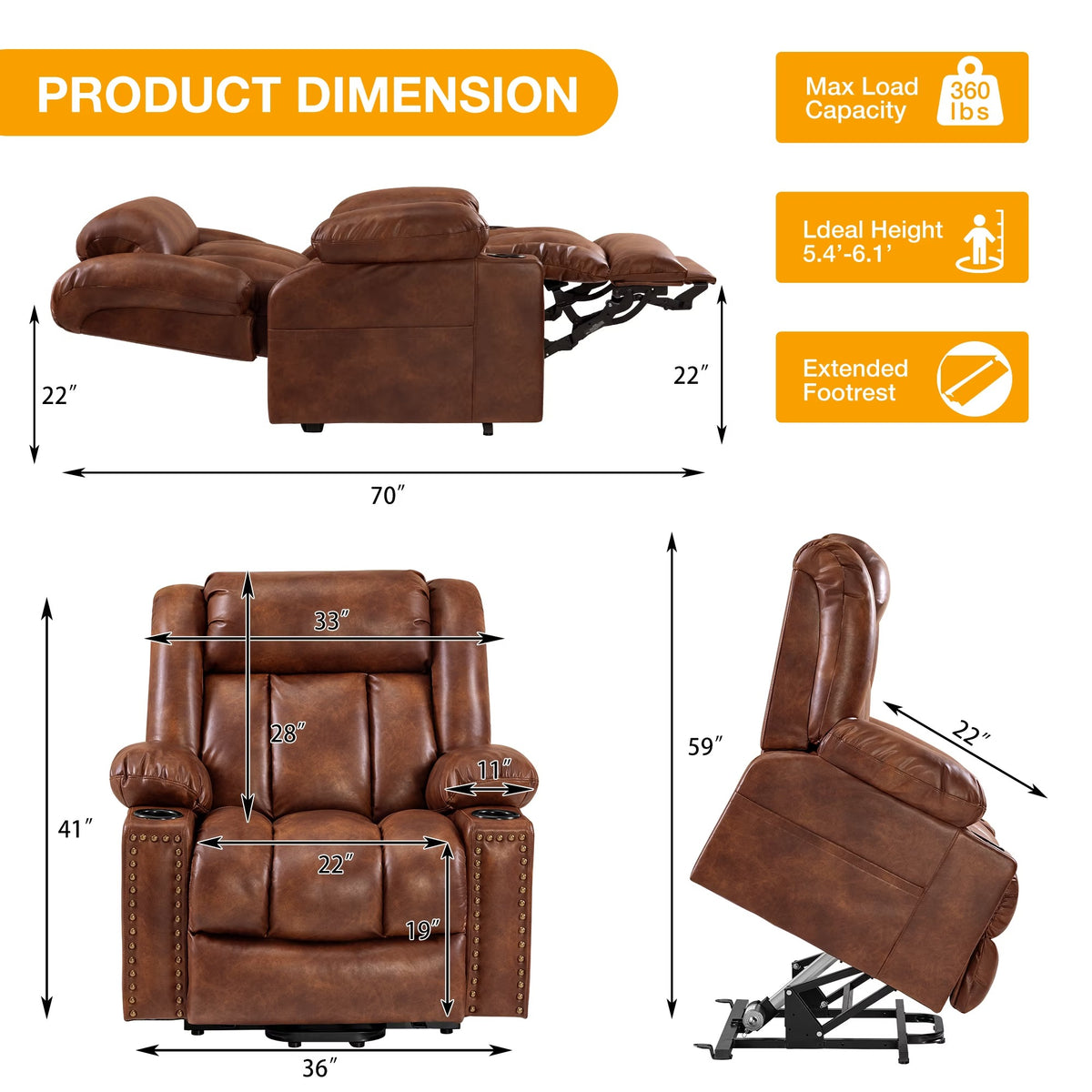 Triple Motor Large Power Lift Recliner Chair for Elderly with Heat and Massage, Lay Flat Lift Chairs for Seniors Infinite Position, Extended Footrest, USB Ports, Cup Holder, Faux Leather