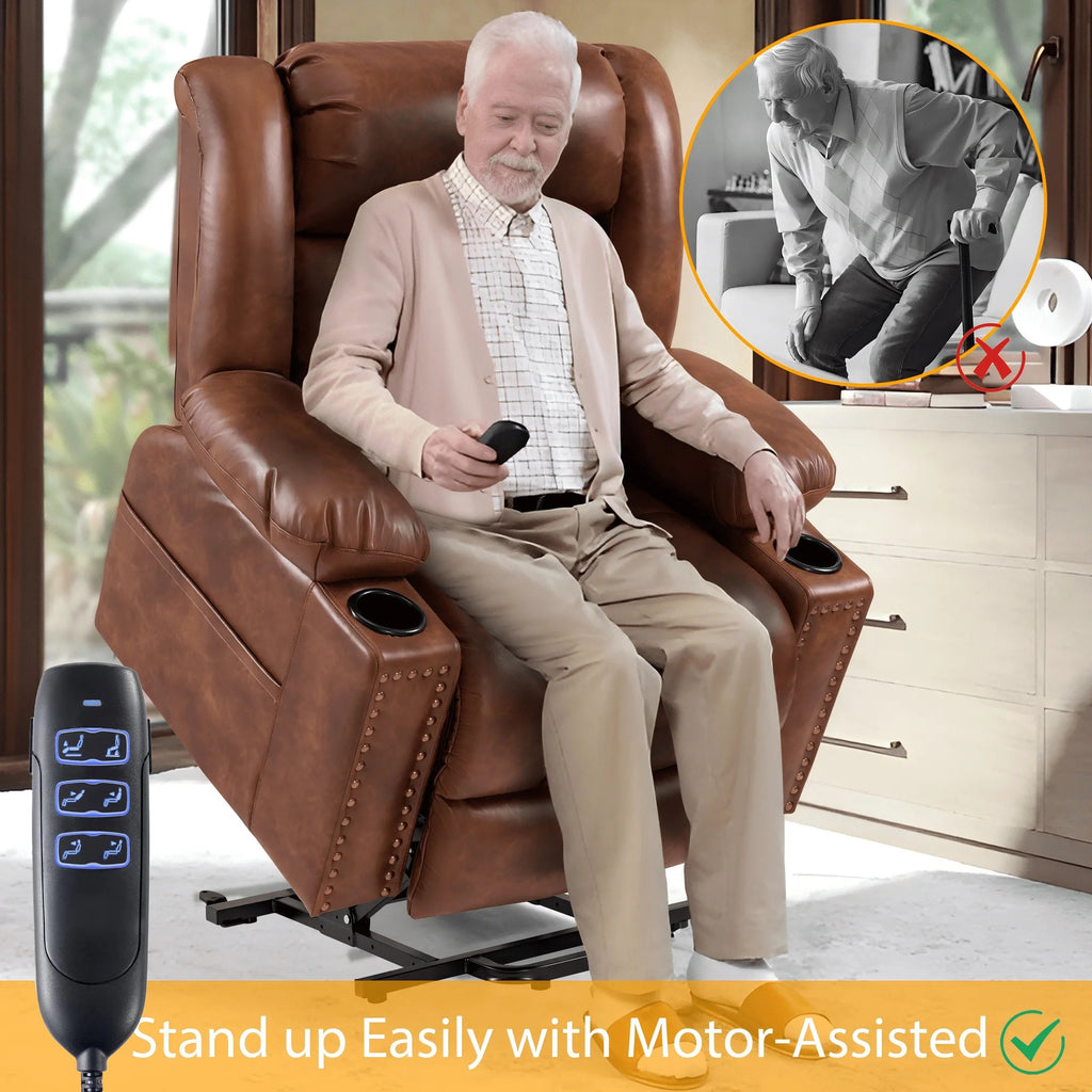 Triple Motor Large Power Lift Recliner Chair for Elderly with Heat and Massage, Lay Flat Lift Chairs for Seniors Infinite Position, Extended Footrest, USB Ports, Cup Holder, Faux Leather